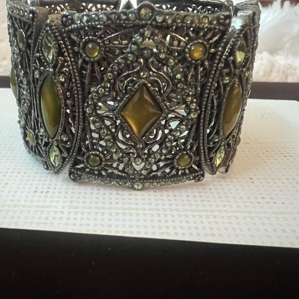 Ornate Medieval Antique Silver and Green Bracelet